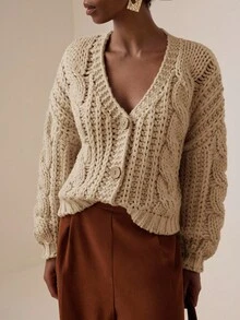 Vesra Women's Casual Elegant V-Neck Dropped Shoulder Loose Chunky Cable Knit Cardigan Fall Winter Cloth For Women - Khaki - View 1