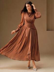 Anewsta 女士长款连衣裙，交叉领口，荷叶边下摆，褶皱泡泡长袖，优雅端庄的晚礼服 - 咖啡棕 - 查看 4