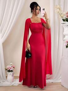 SHEIN Raffinéa 女士优雅褶皱束腰超长雪纺喇叭袖连衣裙 - 紅色 - 查看 5