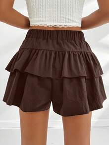 Chiquease 女式纯色弹性腰部双褶边下摆裙裤，度假风 - 巧克力棕 - 查看 2