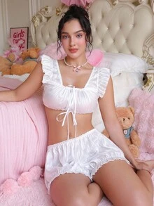 SHEIN 2pcs Women's Sexy Lingerie Set, Ruffle Trim Wireless Tie Front Crop Top And Ruffle Trim Shorts - White - View 4