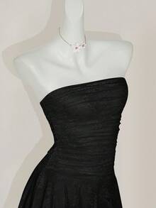 SHEIN ICON Lace Ruched Asymmetrical Hem Bandeau Mini Dress,Dresses For Women Party - Black - View 7