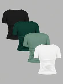 SHEIN EZwear Bộ 4 áo thun cổ tròn tay ngắn màu trơn đơn giản thoải mái dành cho nữ, phù hợp cho mùa xuân/hè - Nhiều màu - Xem 2
