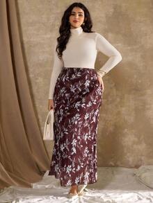 Flirla Plus Size 1 Piece Woven European & American Fitted Slimming Elegant Jacquard Skirt For Women - Brown - View 5