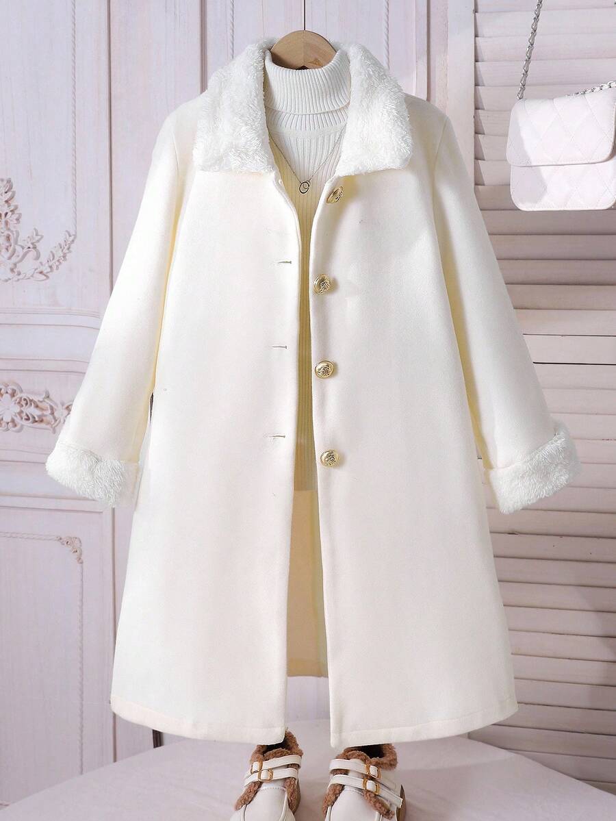 SHEIN Tween Girl Fluffy Patchwork Turndown Collar Metal Button Front Loose Long Cardigan Coat, Comfortable For Home, Outdoor, School, Party, White Autumn Winter ClothesGirlwomens 10 Girls Elegant Fleece Jacket Coat Tween Dress Coat Girls Wool Coat Girls Coat - White - View 1