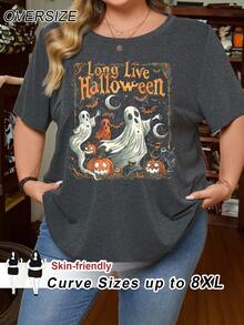 SHEIN CURVE+ Camiseta holgada con gráfico de Halloween de talla grande para otoño/invierno - Blanco - Ver 1