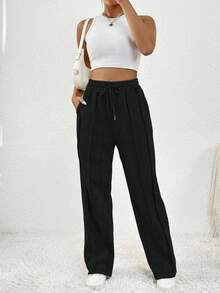 SHEIN PETITE Grey Ripped Patchwork Exposed Seam Drawstring Waist Slant Pocket Straight Leg Casual Sports Sweatpants - Black - View 4