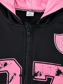 SHEIN Explorewe 秋冬季少女宽松休闲街头撞色卫衣，饰有大号图案印花，适合日常通勤、休闲、度假、与朋友聚会、街头风格、秋季街头服饰。 - 黑色 - 查看 7