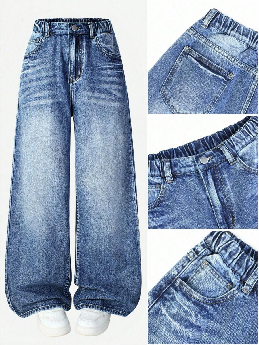 Teen Girls'2025 Autumn&Winter NEW Jeans Retro American Vintage Multi-Pocket Niche Design High Street Vibe Loose Heavyweight Washed Boyfriend Jeans, 2025 New Collection, Suitable For Daily Wear Long Everyday Wide Leg Denim Jeans For Teen Girls In Grey With Stylish Baggy Jeans Y2k 90s Kids Outfit  Casual Versatile Denim Jeans, Autumn/Winter 2025 New Arrival, Suitable For Daily Wear Collegiate Style, Street Fashion, Casual, Retro, Pop, Bohemian Style, Street Style, Basic Versatile Model,  Daily Out