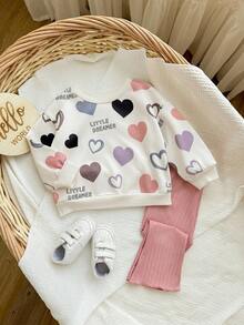 SHEIN Bộ áo nỉ dài tay in chữ thường ngày cho bé gái sơ sinh, mùa thu/đông - trắng - Xem 8