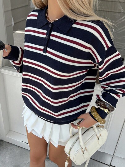 Livesso סוודר גולף עם פסים בסגנון רטרו לנשים