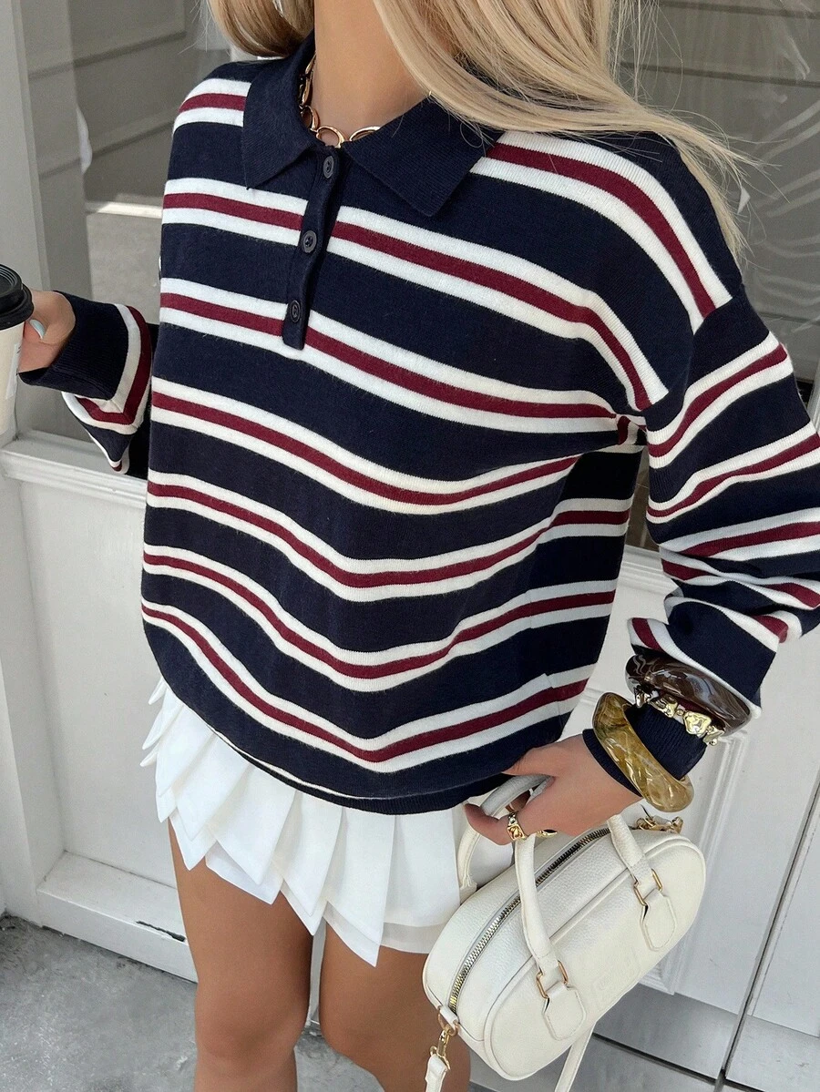 Livesso 女士秋季复古条纹高领毛衣