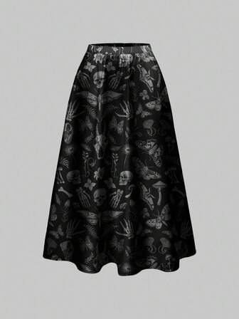 Goth Falda negra de mujer con estampado completo de calavera de cuervo, polilla y planta de estilo gótico y oscuro de Halloween