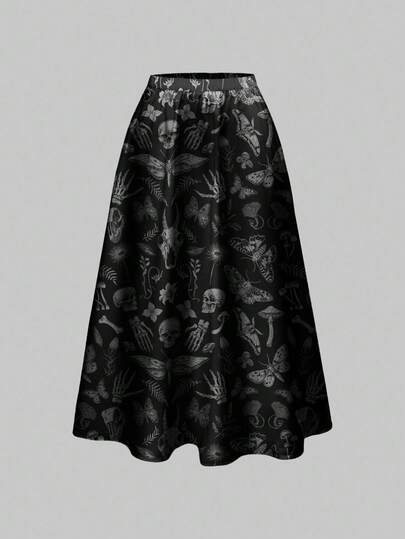 Goth Gothic Dark Horror Halloween Crow Skull Moth Plant Print Black Full-Print Women Skirt