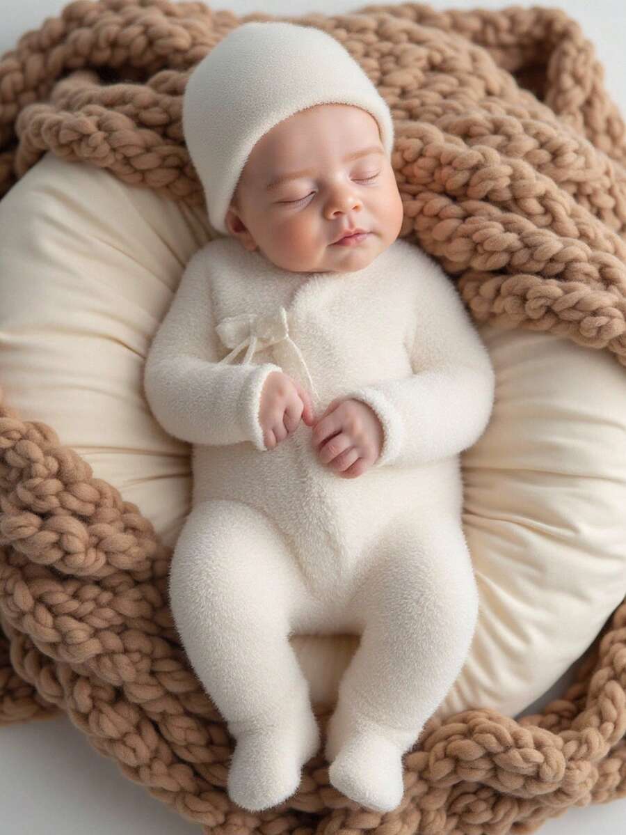 Autumn New Newborn Baby Long Sleeve Tie Jumpsuit Infant Monk Costume Spring Autumn Jumpsuit + Hat 2pcs Set Plush Baby Clothes Neutral Unisex Fall Winter - Beige - View 1