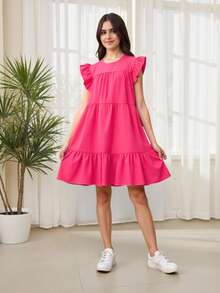 SHEIN Teen Girl Casual Solid Color Cap Sleeve Mini Dress