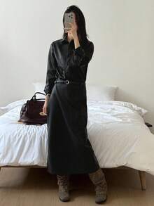 DAZY Conjunto de 2 piezas elegante de chaqueta de manga larga de un solo botonadura de unicolor y falda midi para mujer - Negro - Ver 3