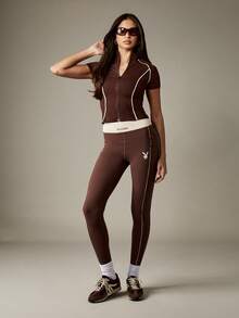 Missguided x Playboy 运动拉链正面撞色滚边短袖立领上衣 - 棕色 - 查看 3