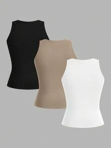 SHEIN EZwear 3 قطع/مجموعة من الكنزات الأساسية ذات الكتف المكشوف باللون الأسود والبيج والأبيض، مناسبة للخريف والصيف - متعدد الألوان - مشاهدة 3