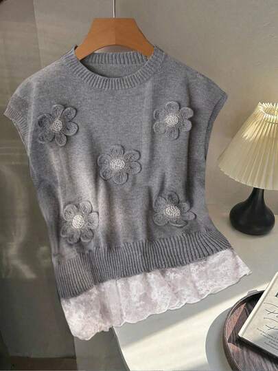 GlowEve CURVE 大码女式纯色针织圆领花卉贴花串珠蕾丝拼布短款休闲毛衣，春/秋