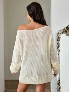 SHEIN Cottnline Plus Size Boat Neck Drop Shoulder Solid Color Sweater Dress - Beige - View 2