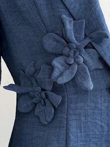 Elenzga Women's Elegant 3D Floral Decor Lapel Neck3/4 Sleeve Jacket, Autumn - Blue - View 5