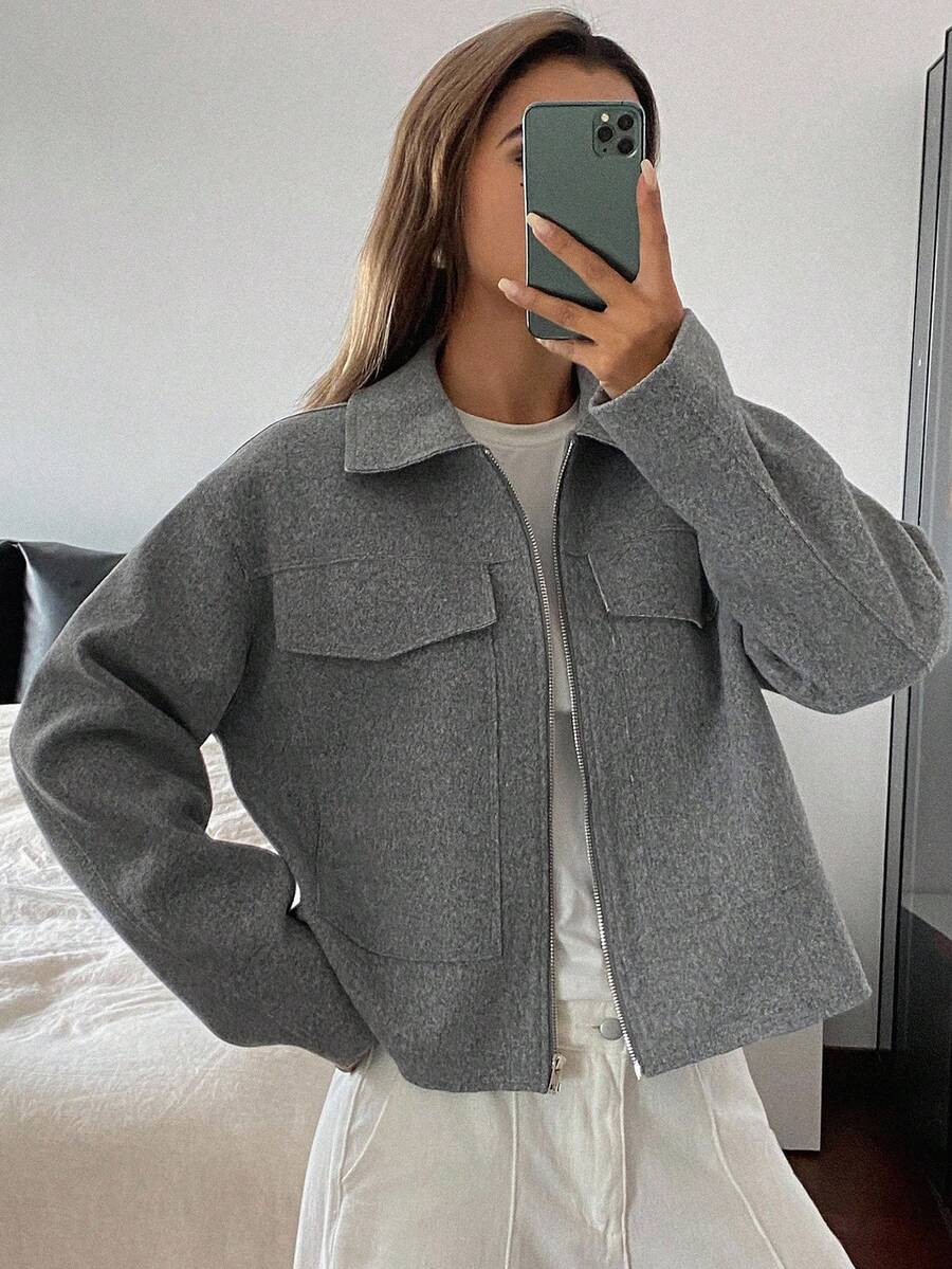 DAZY 女士百搭翻领短袖大衣 秋冬款 - 灰色 - 查看 1