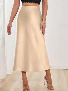 Women's Solid Color Mermaid Style Long Skirt, Satin Material, Elegant A-Line Skirt, Suitable For Parties And Daily Wear - Champagne - View 4