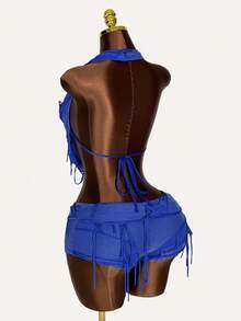 Amplova 2 Pieces Set Deep Draped Neck Sleeveless Top And Distressed Low Waist Mini Shorts, Special Fabric Blue - Blue - View 2