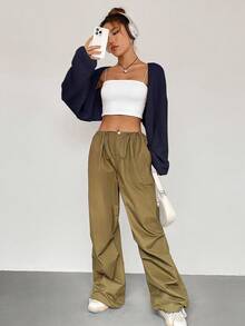 Flirla Women's Solid Color Drop Shoulder Long Sleeve Cropped Casual Cardigan, Autumn - Navy Blue - View 6