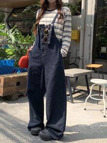 DAZY 女式不对称下摆设计休闲牛仔背带裤工装裤 - 深色水洗藍 - 查看 1