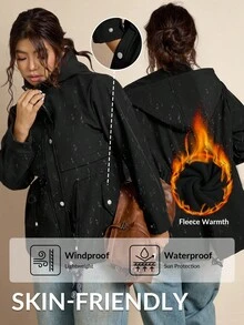 SHEIN LUNE 加大码军绿色抽绳腰部防水保暖夹克，带口袋和兜帽，带口袋，冬季运动时尚，秋季女装，女式防水夹克，轻便夹克，女式雨衣，女式连帽雨衣，女式风衣夹克 - 黑色 - 查看 1