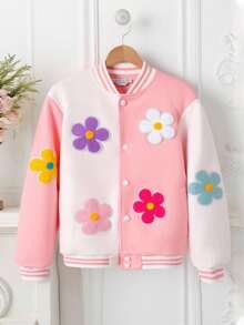 SHEIN Teens' Versatile Sweet Floral Colorblock Baseball Jacket Fall Winter - Multicolor - View 5