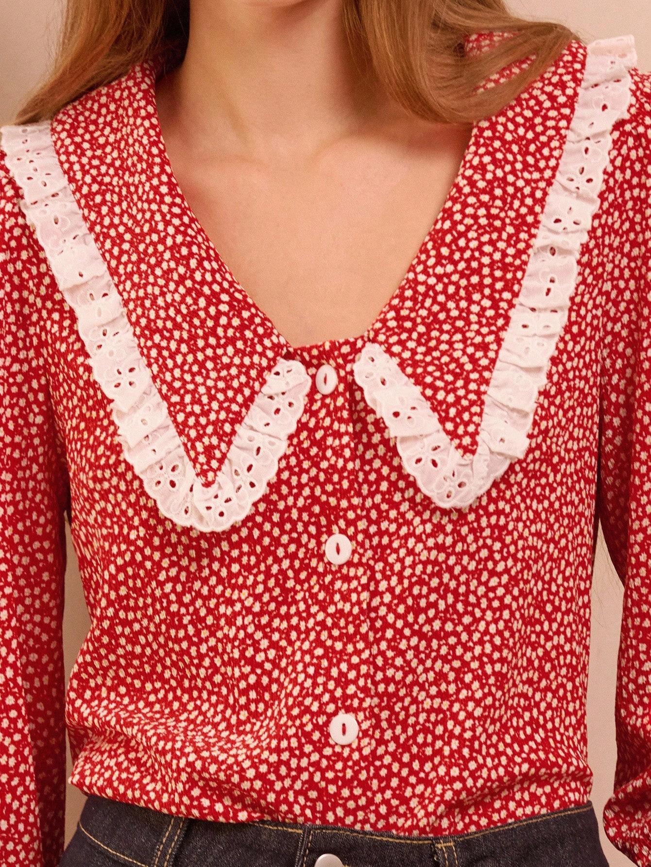 Blusa vintage con estampado floral rojo, cuello con volantes de encaje oversize y mangas largas, para mujer en primavera y verano, nueva colección