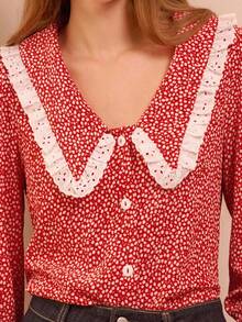 lacRébo Vintage Red Floral Print Blouse With Oversized Lace-Trim Collar And Long Sleeves Spring Women Spring Spring Summer New Year - Red - View 4