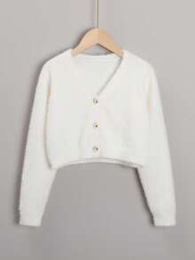 SHEIN Genkimix Kids Tween Girl Solid Color Long Sleeve Single-Breasted Loose Knit Cardigan. Suitable For Quality Time With Parents, Attending Gatherings, Outdoor Activities, Holiday Celebrations Like Halloween And Christmas, Also Great For Outfit Shots - White - View 3