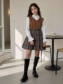 SHEIN Tween Girl Knitted Cable Vest Top, Plaid Pleated Skirt And Shirt 3pcs/Set - Brown - View 3