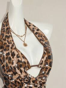 SHEIN ICON 2 件女式性感闪光派对时尚亮片豹纹露背吊带背心，夏季 - 彩色 - 查看 6