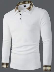 Manfinity Homme 男士格子印花纽扣休闲时尚长袖 Polo 衫，男士白色和棕色衬衫，男士长袖 Polo 衫，白色 Polo 衫，男士翻领衬衫，格子饰边 Polo 衫，秋季 - 白色 - 查看 3