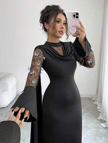 Selianne 女士优雅长款晚礼服，网眼拼接设计，搭配不对称飘逸腰带，黑色，秋冬 - 黑色 - 查看 1