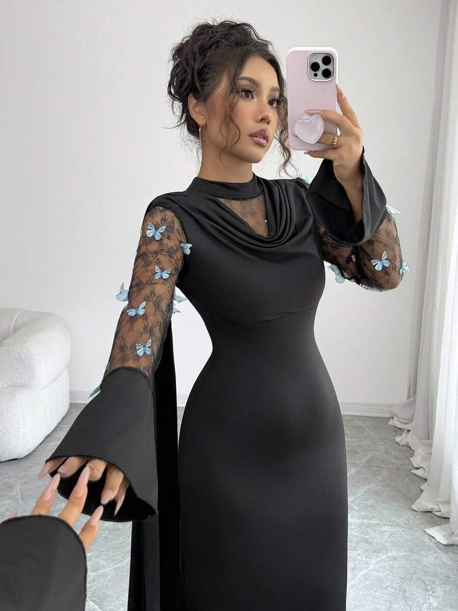 Selianne 女士优雅长款晚礼服，网眼拼接设计，搭配不对称飘逸腰带，黑色，秋冬 - 黑色 - 查看 1
