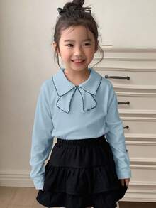 Dazy Kids 年轻女孩撞色饰边蝴蝶结装饰优雅长袖T恤 - 藍色 - 查看 4