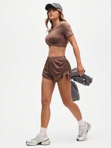 SHEIN Sports Women's High-Waisted Cocoa Brown Drawstring Ruched Sport Shorts, Brown Athletic Skirt - Brown - View 4
