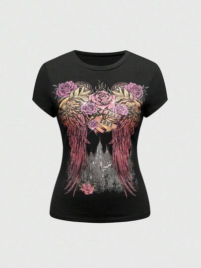 Grunge Punk Grunge Mehrfarbig Flügel Muster Strass verziertes Damen Figurbetontes T-Shirt