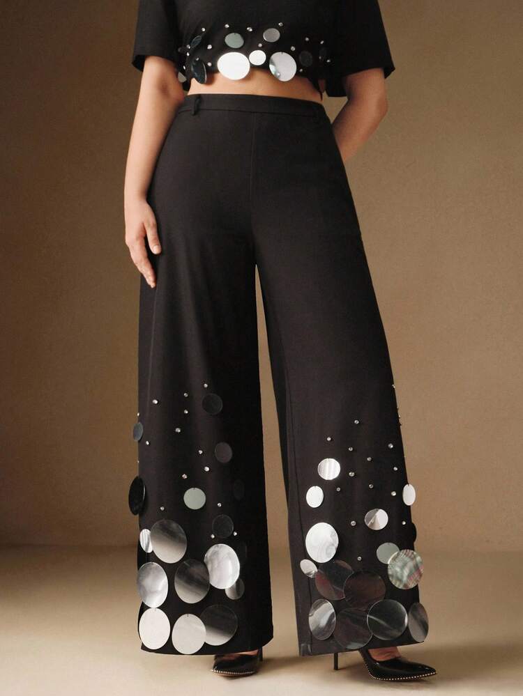 Anewsta Women's Solid Color Fashion Sequin & Metallic Rhinestone Decor Straight Leg Pants