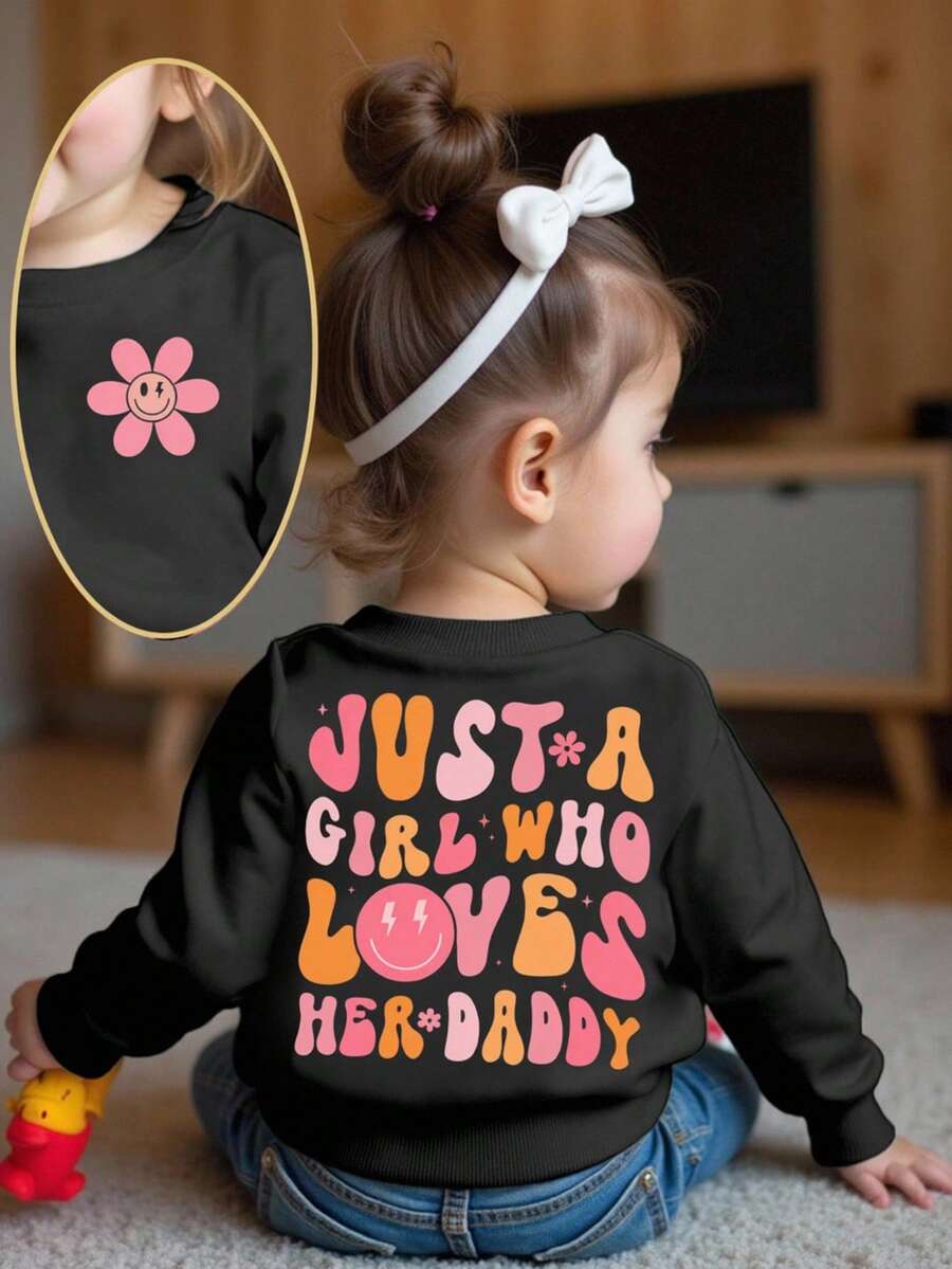 SHEIN Playful Pals Baby Girls' Casual Fashionable Colorful Gradient Letter, Flower, Face, Funny Slogan Graphic Print Crew Neck Sweatshirt, Black Hoodie For Autumn Baby Girl Clothes Baby Girl Loves Daddy Sweatshirt Long Sleeve Baby Girl Baby Girl Graphic Shirt Baby Girl Sweatshirt Fall Winter