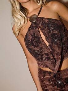 Glamine Women's Brown Floral Velvet Criss-Cross Backless Draped Neck Top & Bodycon Maxi Skirt Set,Autumn,Elegant,Night Out Party Outfit Skirt Suit - Brown - View 8