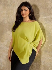 Roveilla 大码女式法式休闲不对称领口短袖衬衫 - 綠色 - 查看 7