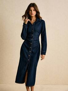 Poéselle 女式秋季长袖褶皱单排扣休闲牛仔衬衫裙牛仔中长裙长袖牛仔裙女式牛仔裙纽扣牛仔裙女式牛仔裙曲线牛仔裙冬季秋冬连衣裙女式圣诞新年连衣裙派对长款派对连衣裙休闲长裙