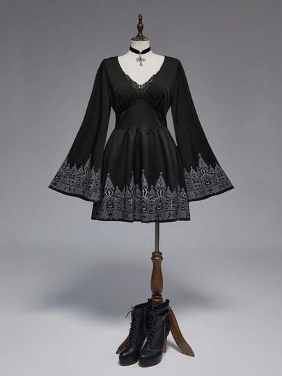 EDITION Plus Size Dark Castle Print Halloween Outfit Flare Sleeve Dress